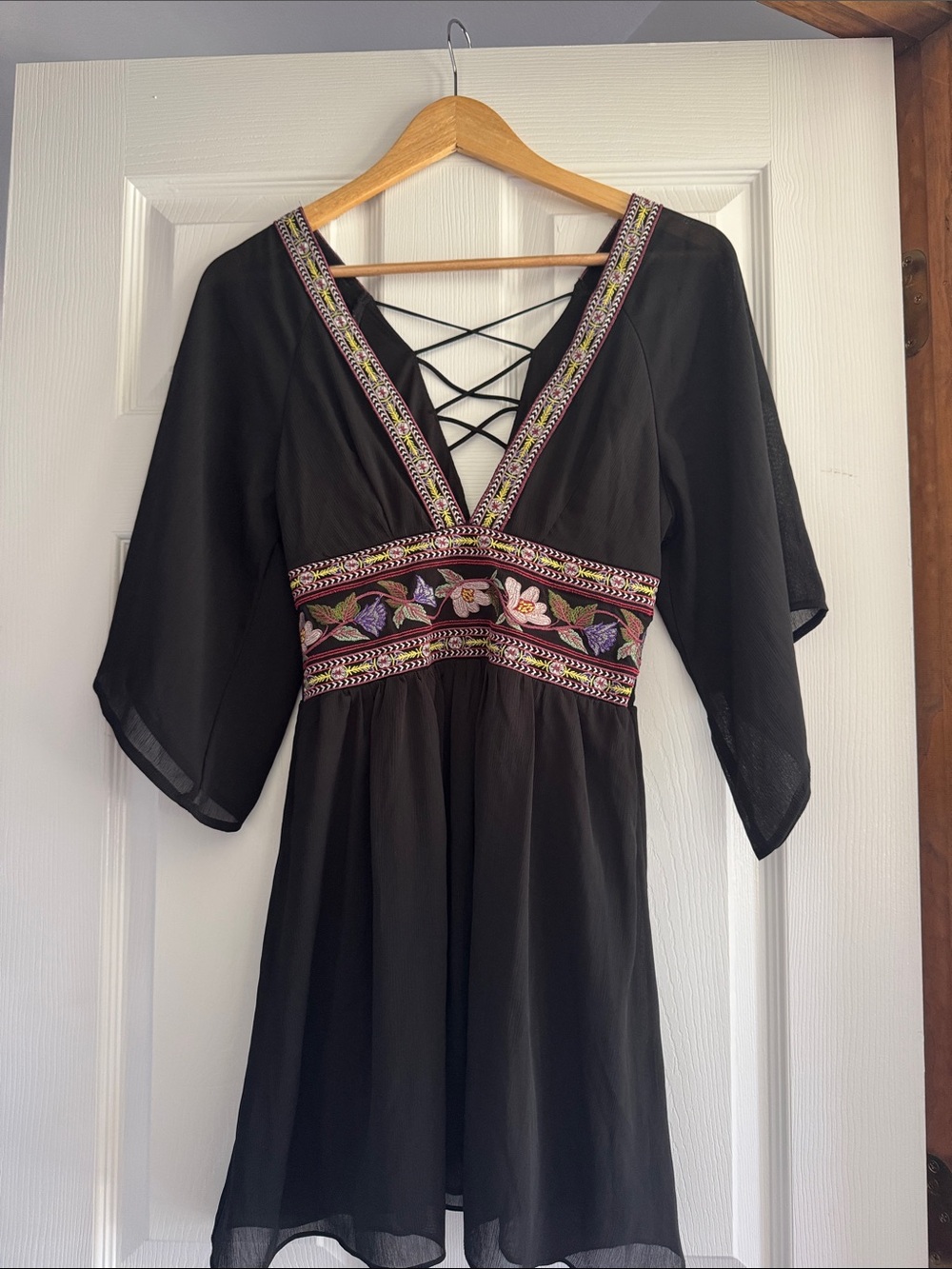 Lulu's Black Mini Dress with Floral Embroidered Waist